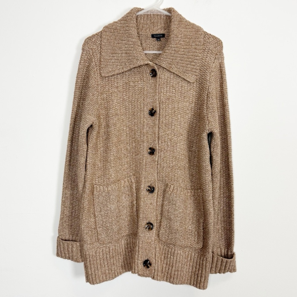 Talbots Cardigan Sweater Womens Medium Tan Collared Buttons Pockets Knit Cuffs